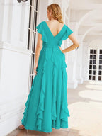 Ruffled Bridesmaid Dresses with Sleeves Long Formal Party Dress 28041
