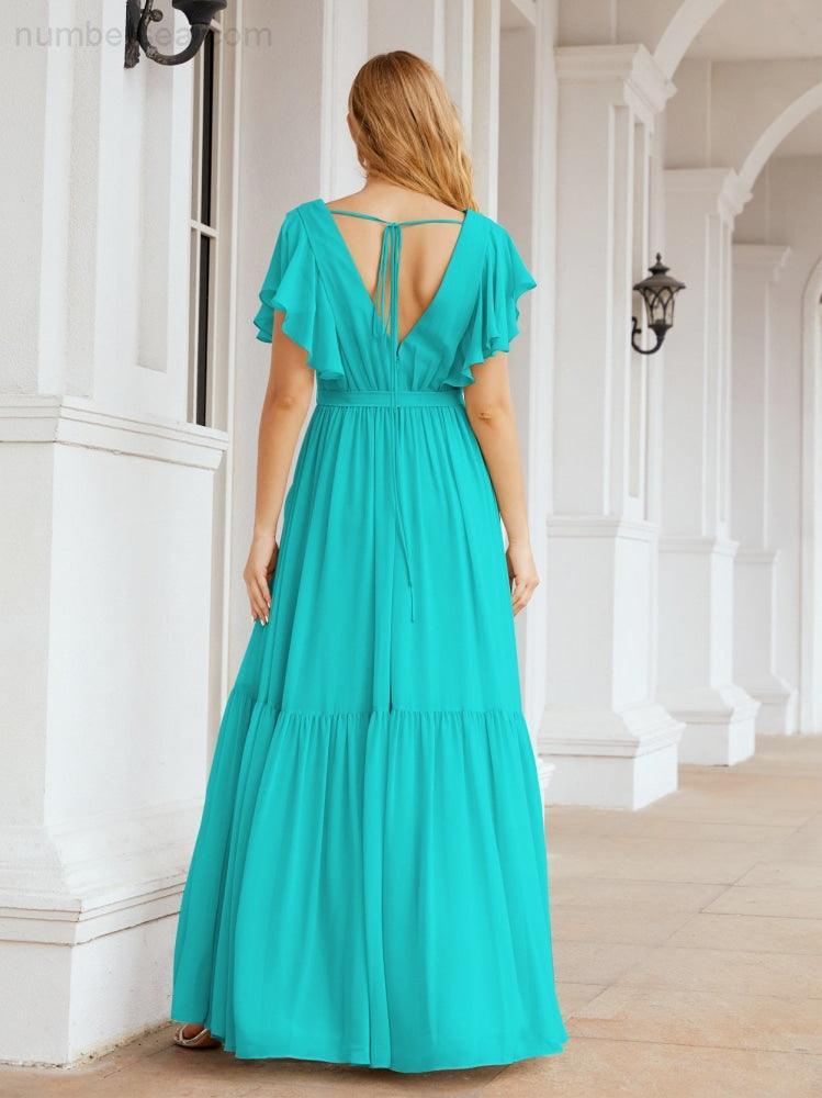 Abiti da sera formali da donna Numbersea con schiena scoperta, scollo a V, lunghi in chiffon, abiti da damigella con cintura in vita 28038
