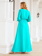Vestito da damigella d'onore in chiffon da donna Numbersea, linea a trapezio, maniche lunghe, abito lungo formale da sera per ospite di matrimonio 28032