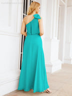 Chiffon Ruffled One Shoulder Sleeveless Long Bride Dresses A-line Formal Evening Gown Side Split 28057