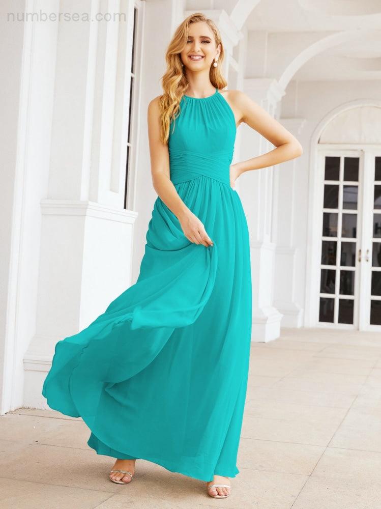 Sleeveless Bridesmaid Dresses Long Prom Gown Zipper with Keyhole Back 28056