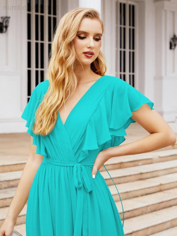 Abiti da sera formali da donna Numbersea con schiena scoperta, scollo a V, lunghi in chiffon, abiti da damigella con cintura in vita 28038