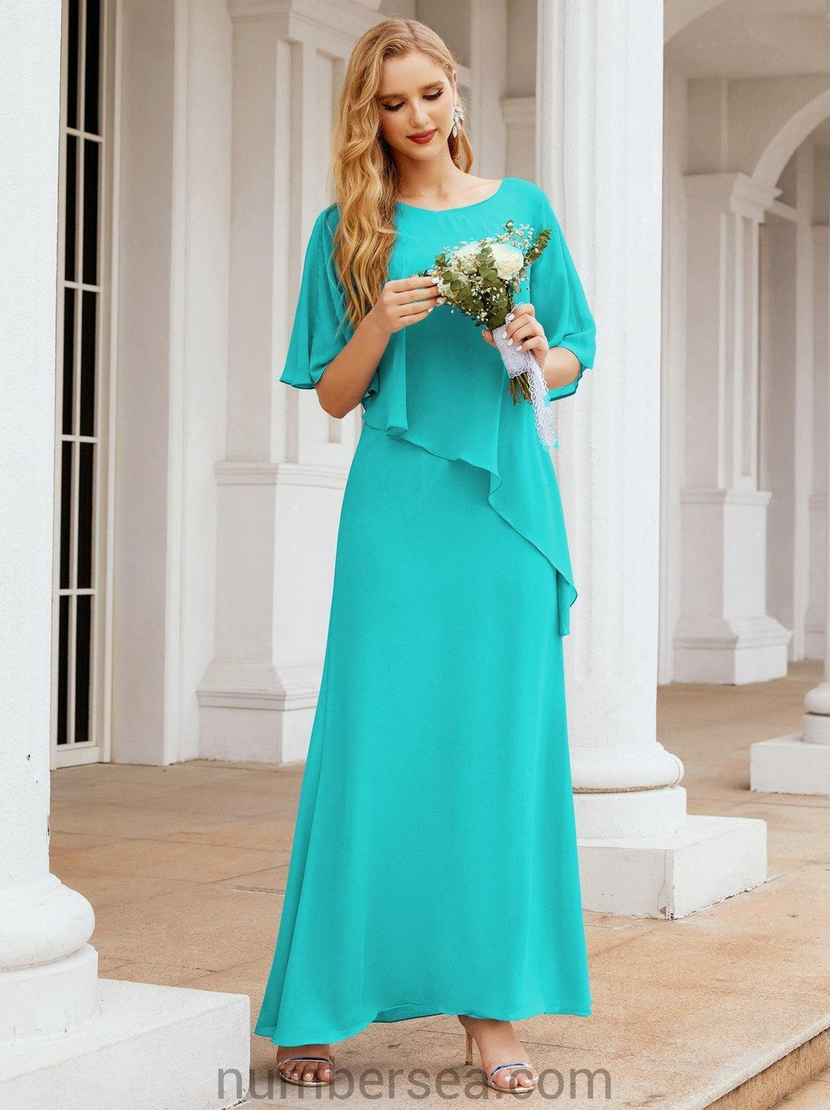 Numbersea Festliches Abendkleid Lang Mutter der Braut Kleid mit Rüschencape 28026