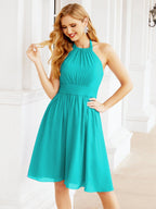 Halter Chiffon Bridesmaid Dresses Short Sleeveless Formal Party Dress Open Back 28023