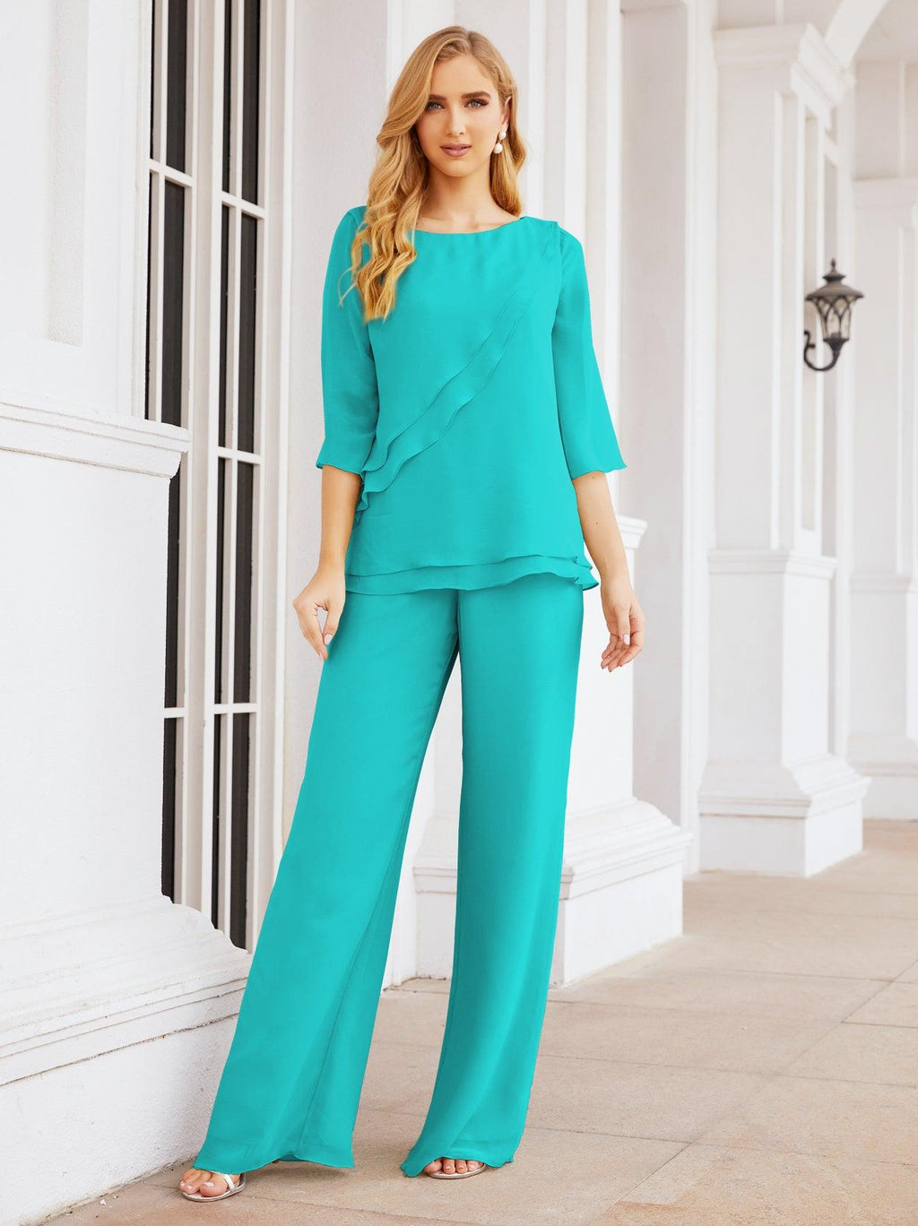 Numbersea Elegantes 2-teiliges Kleid für die Brautmutter Große Größen Hosenanzug mit Rüschenschichten Silberner Hausmantel 28064