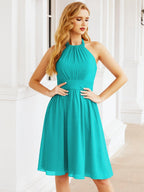 Halter Chiffon Bridesmaid Dresses Short Sleeveless Formal Party Dress Open Back 28023