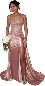 Vestido de fiesta sirena satinado verde salvia | Vestido de noche con corsé de encaje y cuentas, con abertura