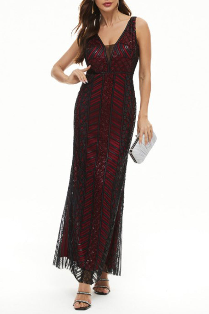 Sexy Formal Patchwork V Neck Vestidos de noite
