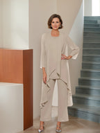 Ankle-Length Mother of the Bride Pantsuits with Jacket in Chiffon Round Neck and 3/4 Sleeves