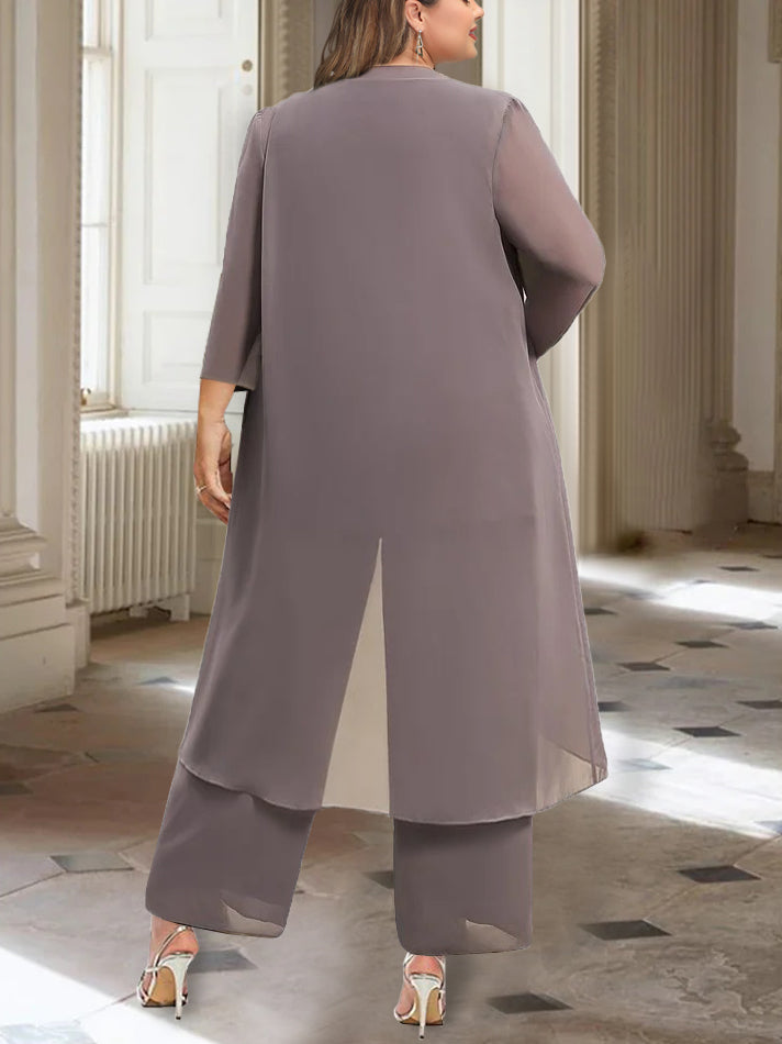 Ankle-Length Mother of the Bride Pantsuits with Jacket in Chiffon Round Neck and 3/4 Sleeves