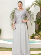 Floor Length A Line Gown Round Neck Three Quarter Sleeves Applique Sequins