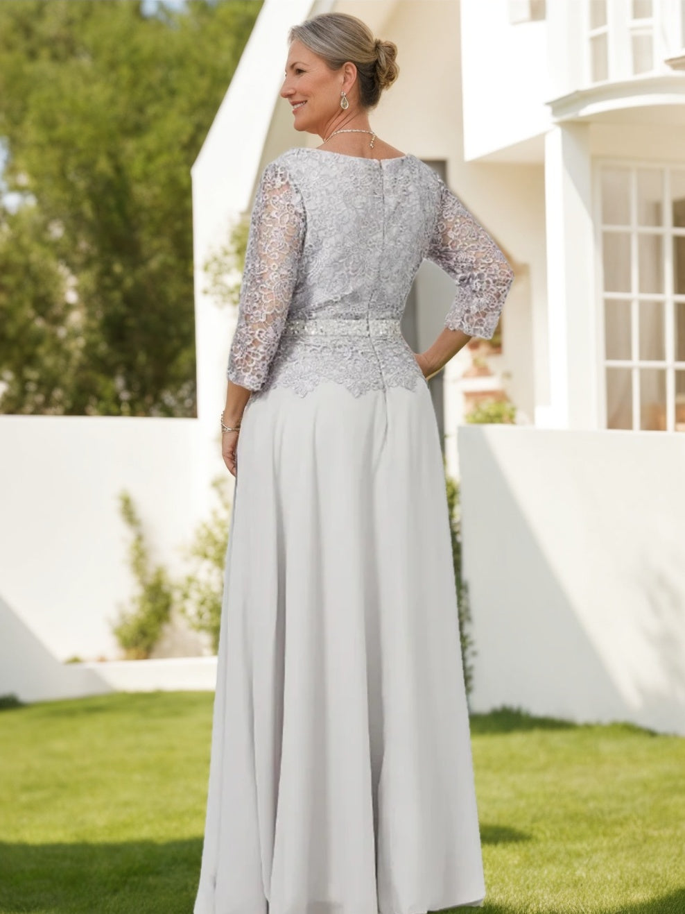 Floor Length A Line Gown Round Neck Three Quarter Sleeves Applique Sequins