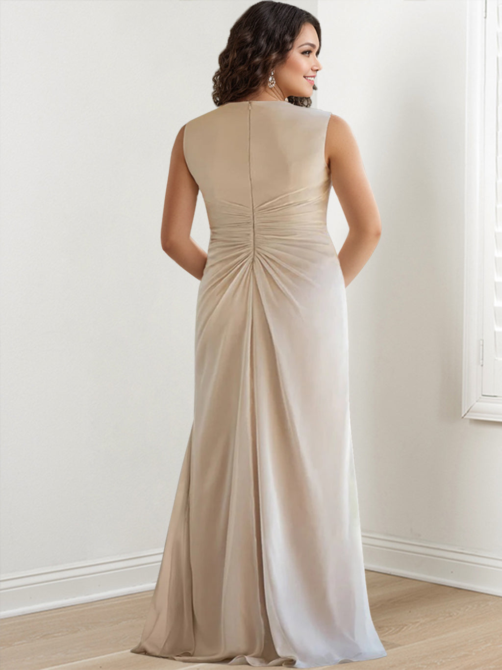 Elegant Sleeveless V Neck Floor Length Mother Of The Bride Gown With Ruffles