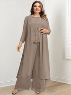 Floor Length Chiffon Pantsuit For Mother Of The Bride With Jacket And Applique