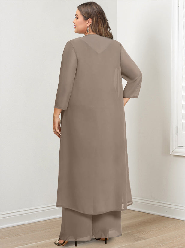 Floor Length Chiffon Pantsuit For Mother Of The Bride With Jacket And Applique