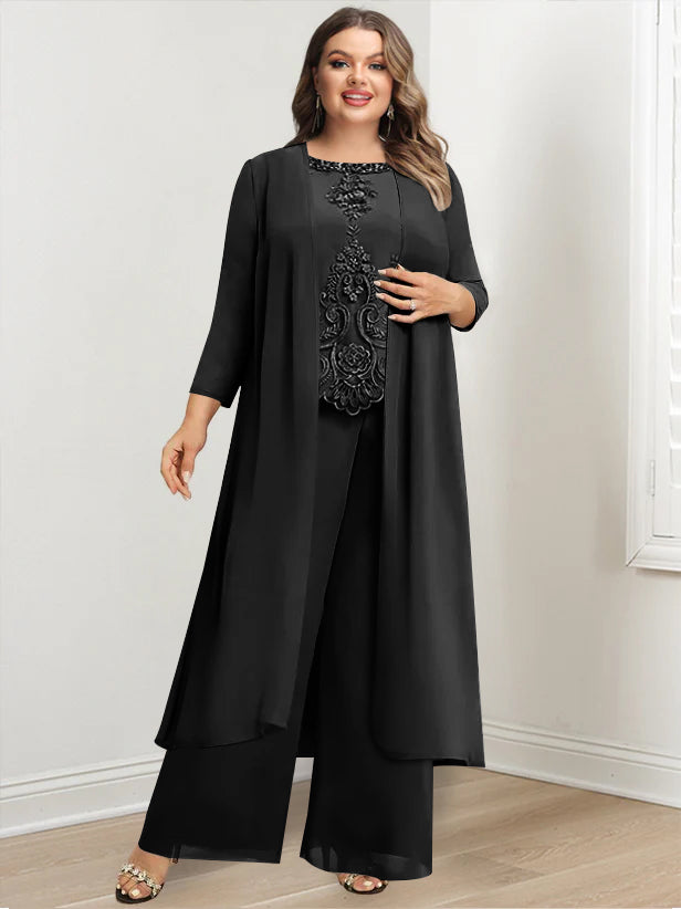 Plus Size Floor Length Chiffon Pantsuit For Mother Of The Bride Applique Jacket