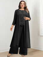 Plus Size Floor Length Chiffon Pantsuit For Mother Of The Bride Applique Jacket