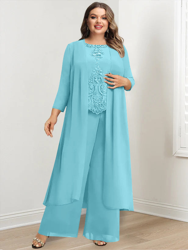 Plus Size Floor Length Chiffon Pantsuit For Mother Of The Bride Applique Jacket