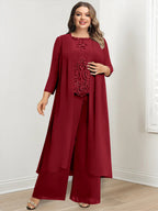 Plus Size Floor Length Chiffon Pantsuit For Mother Of The Bride Applique Jacket