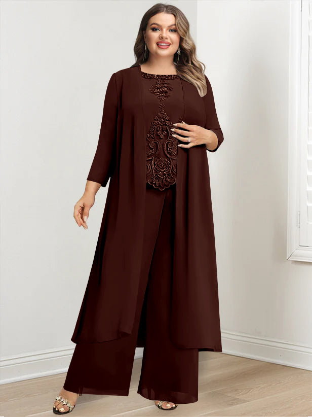 Plus Size Floor Length Chiffon Pantsuit For Mother Of The Bride Applique Jacket