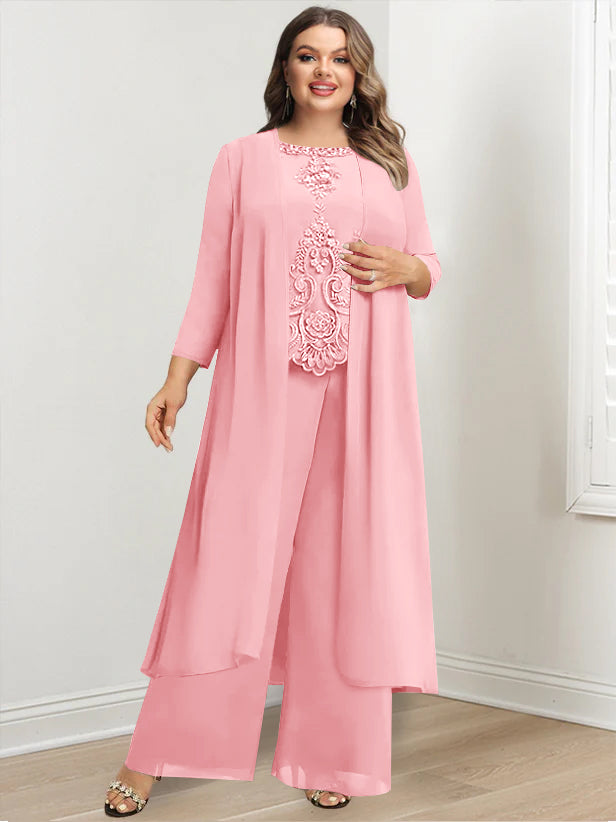 Plus Size Floor Length Chiffon Pantsuit For Mother Of The Bride Applique Jacket