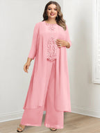 Plus Size Floor Length Chiffon Pantsuit For Mother Of The Bride Applique Jacket
