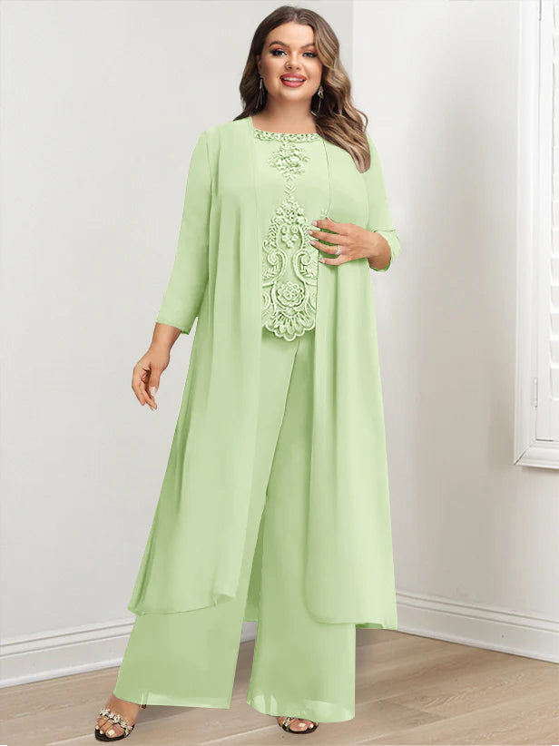 Plus Size Floor Length Chiffon Pantsuit For Mother Of The Bride Applique Jacket