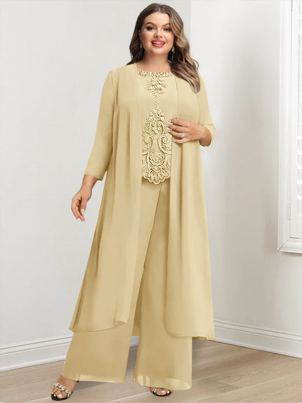 Plus Size Floor Length Chiffon Pantsuit For Mother Of The Bride Applique Jacket