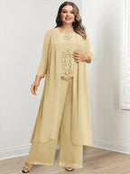 Plus Size Floor Length Chiffon Pantsuit For Mother Of The Bride Applique Jacket
