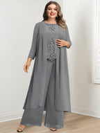 Plus Size Floor Length Chiffon Pantsuit For Mother Of The Bride Applique Jacket