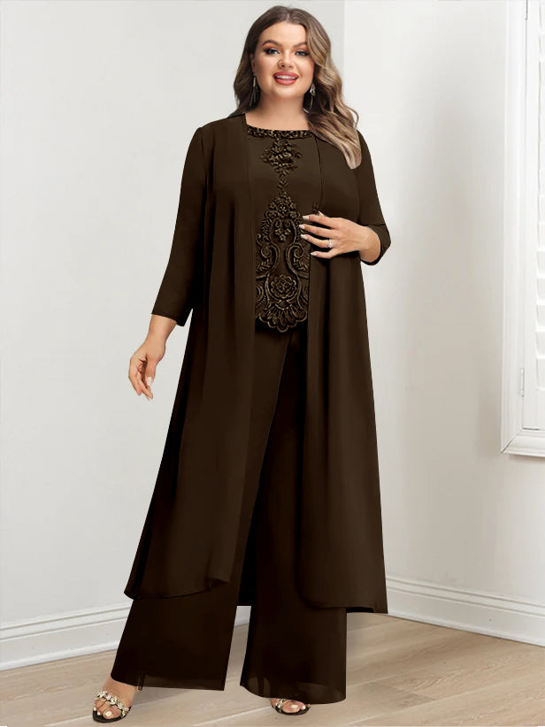 Plus Size Floor Length Chiffon Pantsuit For Mother Of The Bride Applique Jacket