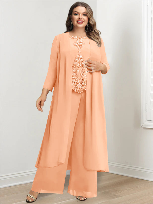 Plus Size Floor Length Chiffon Pantsuit For Mother Of The Bride Applique Jacket