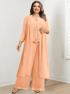 Plus Size Floor Length Chiffon Pantsuit For Mother Of The Bride Applique Jacket