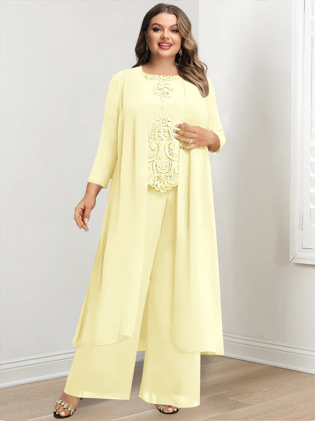 Plus Size Floor Length Chiffon Pantsuit For Mother Of The Bride Applique Jacket