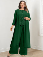 Plus Size Floor Length Chiffon Pantsuit For Mother Of The Bride Applique Jacket