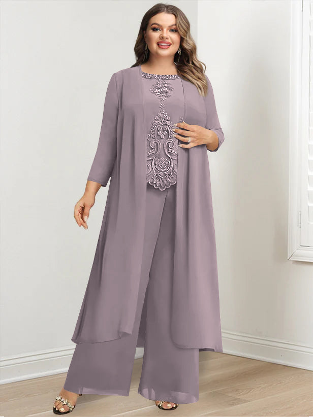 Plus Size Floor Length Chiffon Pantsuit For Mother Of The Bride Applique Jacket