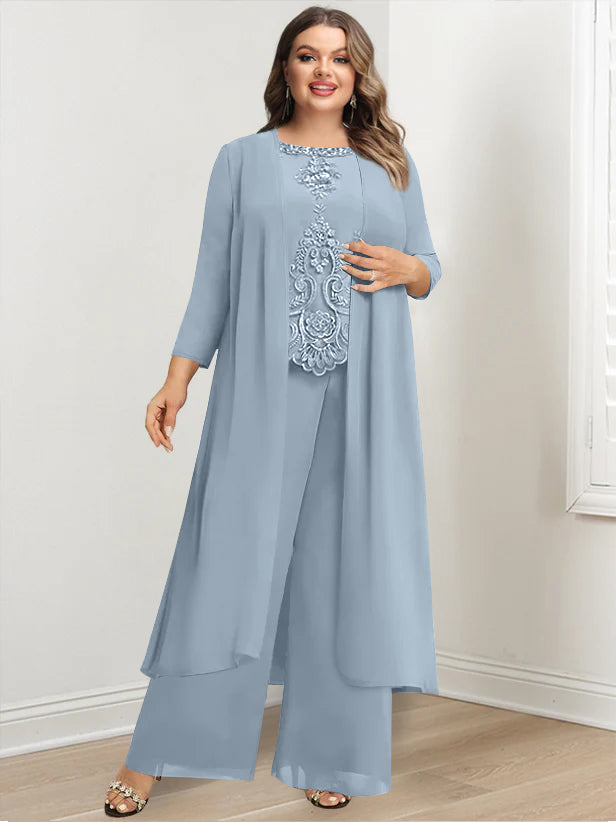 Plus Size Floor Length Chiffon Pantsuit For Mother Of The Bride Applique Jacket
