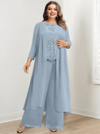 Plus Size Floor Length Chiffon Pantsuit For Mother Of The Bride Applique Jacket
