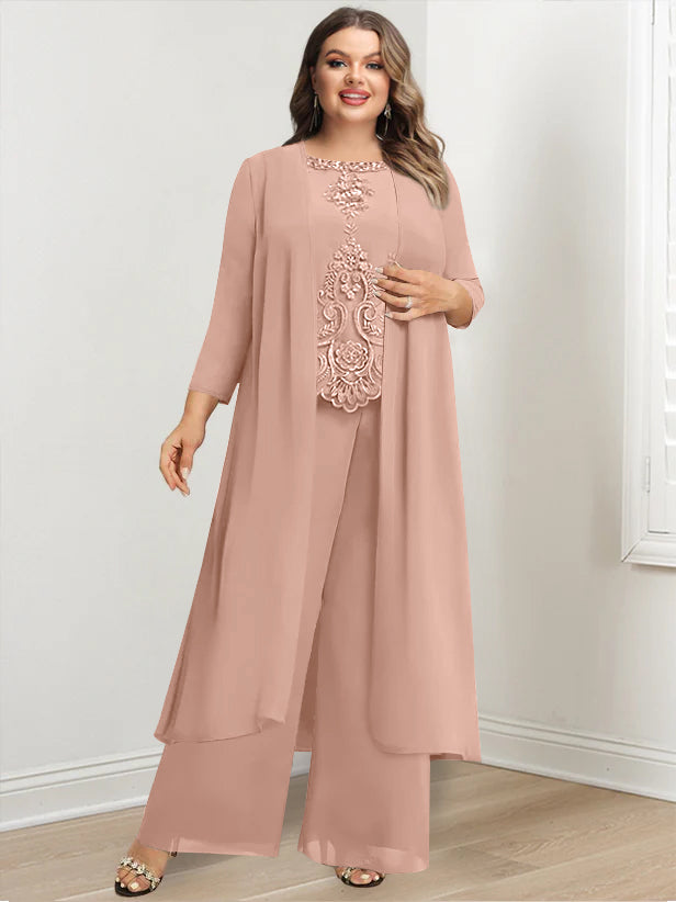Plus Size Floor Length Chiffon Pantsuit For Mother Of The Bride Applique Jacket