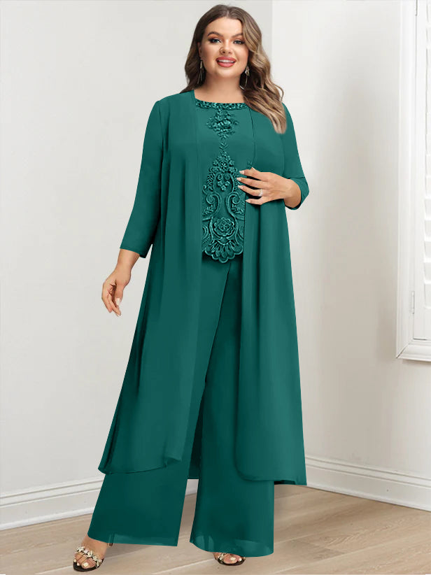 Plus Size Floor Length Chiffon Pantsuit For Mother Of The Bride Applique Jacket
