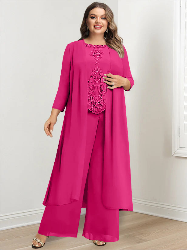 Plus Size Floor Length Chiffon Pantsuit For Mother Of The Bride Applique Jacket