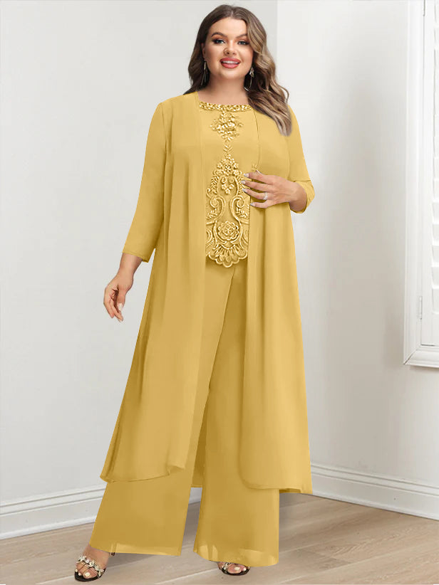 Plus Size Floor Length Chiffon Pantsuit For Mother Of The Bride Applique Jacket
