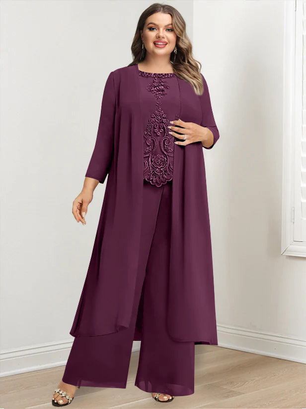 Plus Size Floor Length Chiffon Pantsuit For Mother Of The Bride Applique Jacket