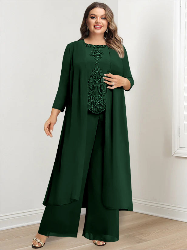 Plus Size Floor Length Chiffon Pantsuit For Mother Of The Bride Applique Jacket