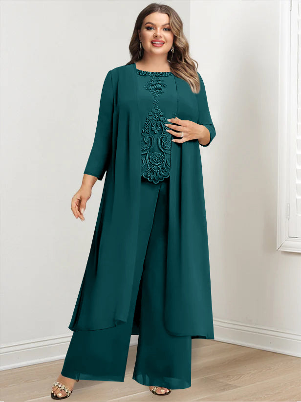 Plus Size Floor Length Chiffon Pantsuit For Mother Of The Bride Applique Jacket