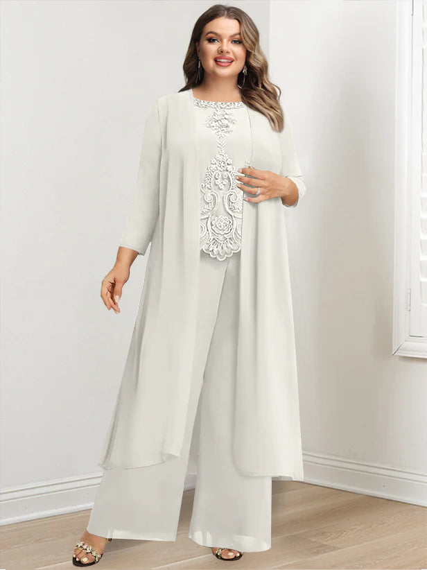 Plus Size Floor Length Chiffon Pantsuit For Mother Of The Bride Applique Jacket