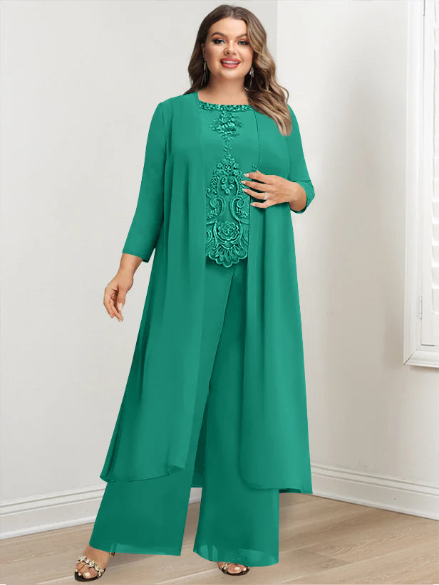 Plus Size Floor Length Chiffon Pantsuit For Mother Of The Bride Applique Jacket