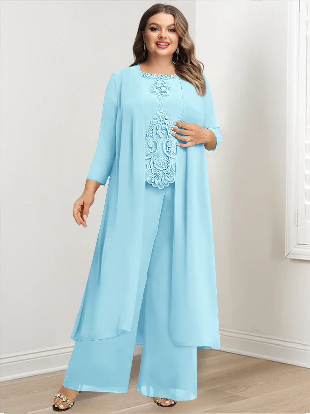 Plus Size Floor Length Chiffon Pantsuit For Mother Of The Bride Applique Jacket