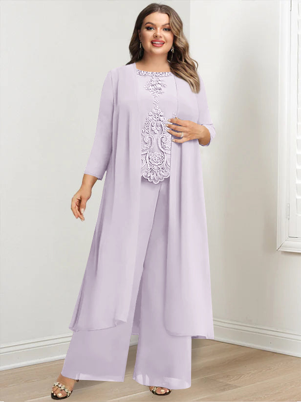 Plus Size Floor Length Chiffon Pantsuit For Mother Of The Bride Applique Jacket