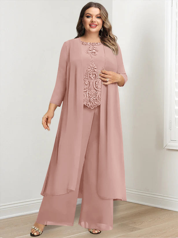 Plus Size Floor Length Chiffon Pantsuit For Mother Of The Bride Applique Jacket